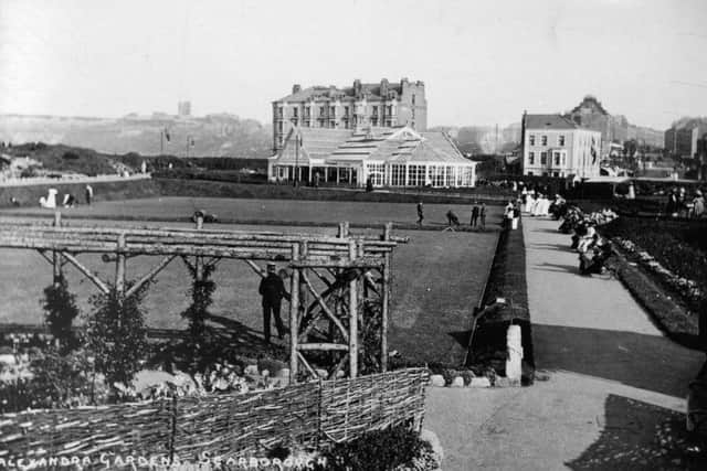 The superbly picturesque Alexandra Gardens and Floral Pavilion can be seen in this image. To the right of the picture is North Marine Road looking towards the Castle and town centre.
In the centre of the picture just behind the Floral Pavilion is the Clifton Hotel, (formerly the Alexandra Hotel)
Stood on Queen's Parade the hotel has commanding views of the North Bay and Castle headland.
During World War One, the war poet Wilfred Owen was inspired to write some of his most famous works in this hotel.

