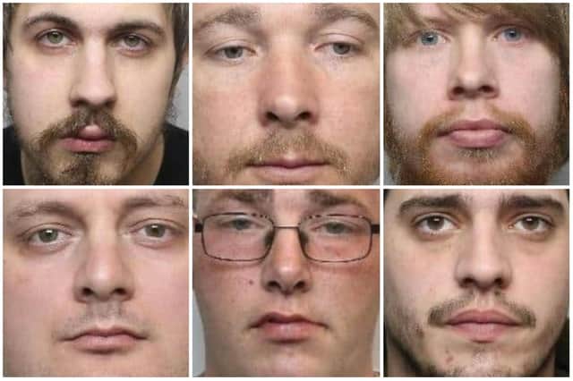 These sex offenders have all been jailed at Sheffield Crown Court after being snared by paedophile hunter groups or undercover police officers posing as children online. 
Top row, left to right: Luke Pryor; Steven Coulton; Adam Heeps
Bottom row, left to right: Wesley Booth; Anthony James Fieldsend; Cameron Blair.