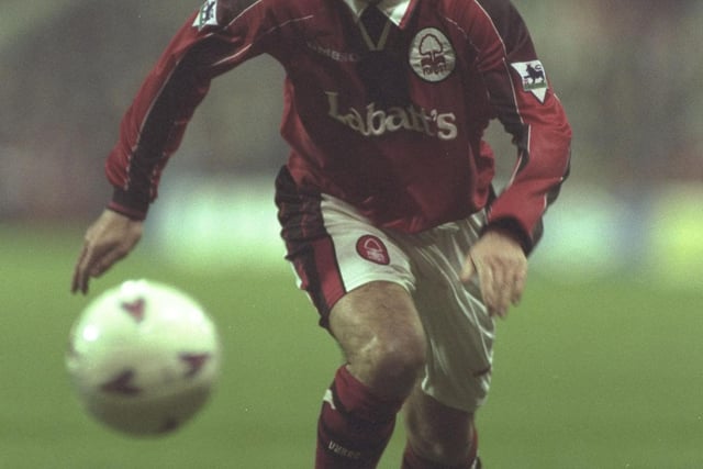 Nigel Clough playing for Nottingham Forest in the Premier League during a 3-0 defeat against Sheffield Wednesday at the City Ground. Clough was back at the club on loan from Man City, scoring once during 13 appearances.