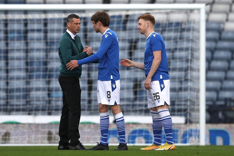 Hibernian manager Jack Ross congratulates St Johnstone's Murray Davidson after the final whistle during the Scottish Cup final match at Hampden Park, Glasgow.