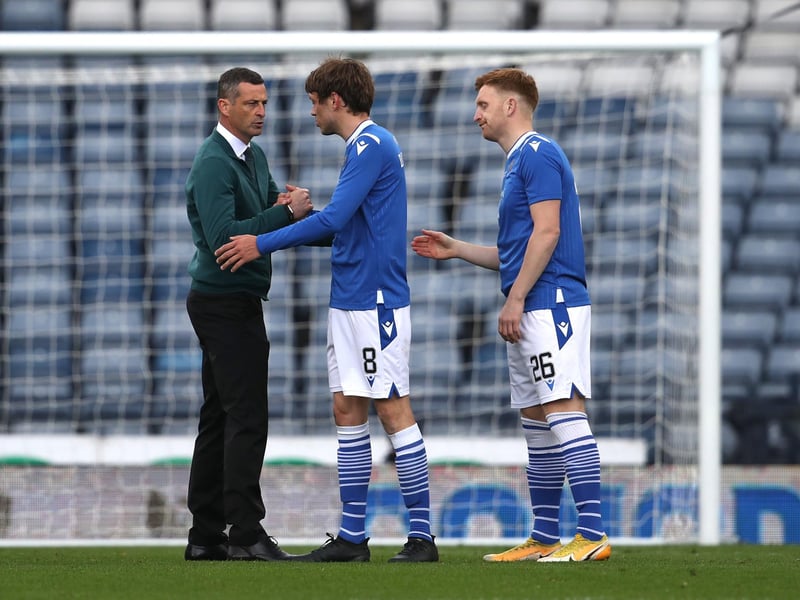 Hibernian manager Jack Ross congratulates St Johnstone's Murray Davidson after the final whistle during the Scottish Cup final match at Hampden Park, Glasgow.