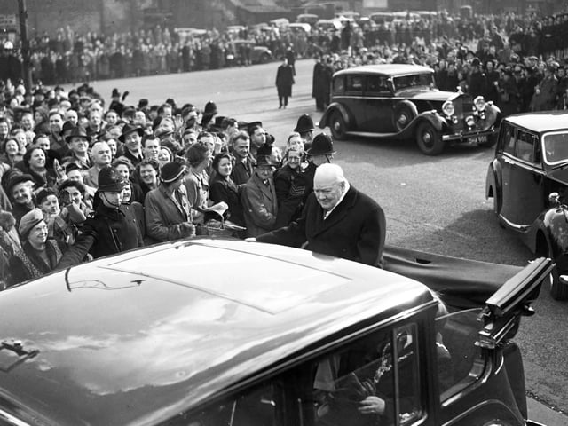 The crowds turn out in Sheffield to greet Prime Minister Winston Churchill, April 16, 1951