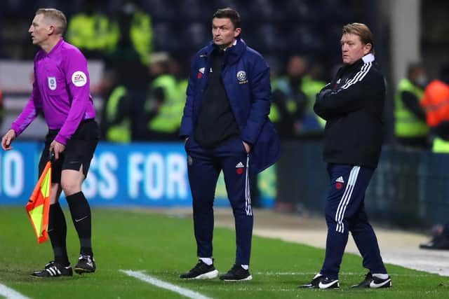 Sheffield United manager Paul Heckingbottom watches his team in action at Preston North End, alongside assistant Stuart McCall: Simon Bellis / Sportimage
