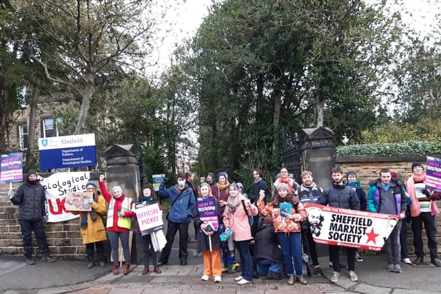 Striking University of Sheffield staff at a picketline outside the university's politics department on Northumberland Road, Crookes