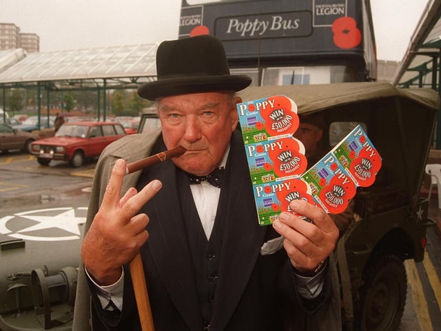 Pictured at Safeway Ecclesall Road, Sheffield, where Winston Churchill look alike actor John Evans arrived in a WWll jeep to launch the Poppy scratch card appeal, October 1997.