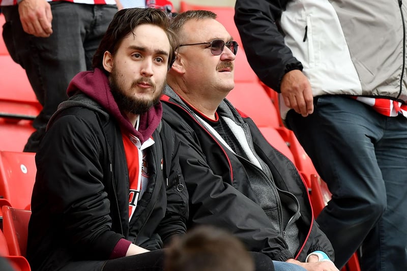 Two Sunderland fans take in the action at the Stadium of Light.