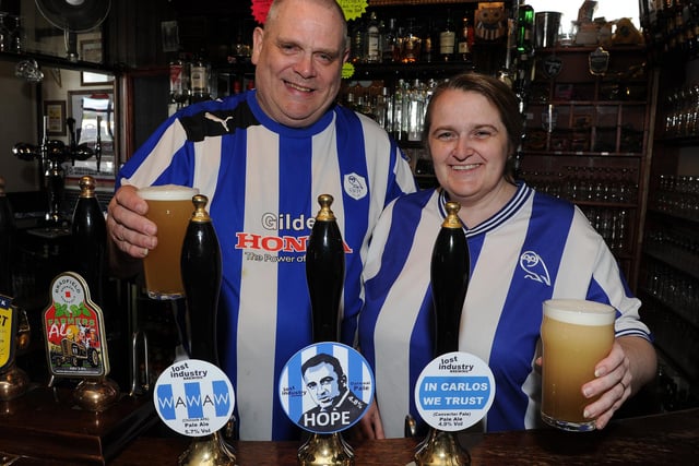 Kev and Steph Woods, of the New Barrack Tavern, in Hillsborough, Sheffeld, in 2016, ahead of the play-off final that year, in honour of which they had brought in new beers, including the Carlos Carvalhal Hope