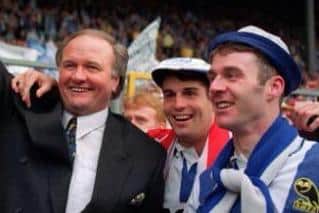 Sheffield Wednesday legends Ron Atkinson, John Harkes and John Sheridan celebrate winning the 1991 Rumbelows Cup.