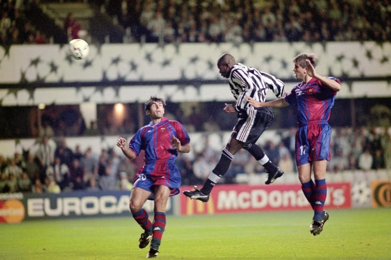 Colombian maverick Tino Asprilla hits a remarkable hat-trick as St James Park roared the Magpies to a 3-2 win against the Catalan giants on their Champions League group stage debut.