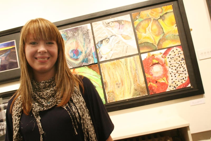 Charlotte Briggs of Buxton Community College pictured with her work entitled 'Xsix' at the exhibition at Buxton Museum in 2008