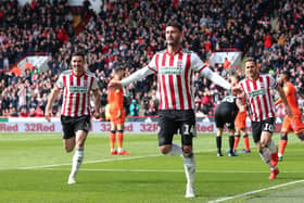 Gary Madine celebrates a goal for Sheffield United during his spell on loan at Bramall Lane: James Wilson/Sportimage