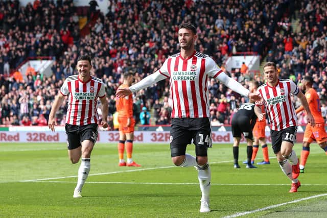 Gary Madine celebrates a goal for Sheffield United during his spell on loan at Bramall Lane: James Wilson/Sportimage