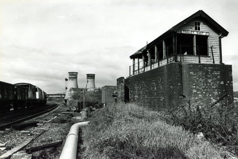 Tinsley East railway signal box, 1985, with the twin towers in the background
