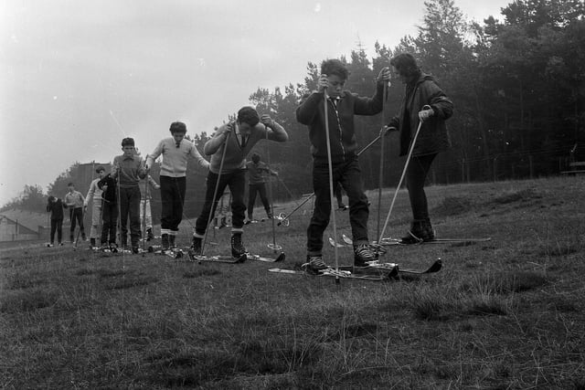 Practicing on the grass before taking to the slopes in 1964.
