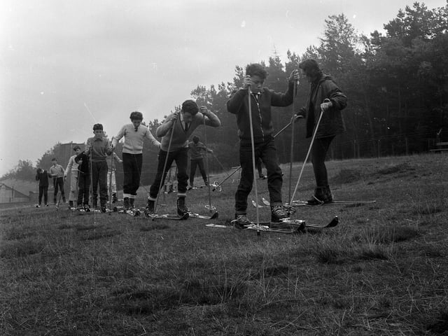 Practicing on the grass before taking to the slopes in 1964.