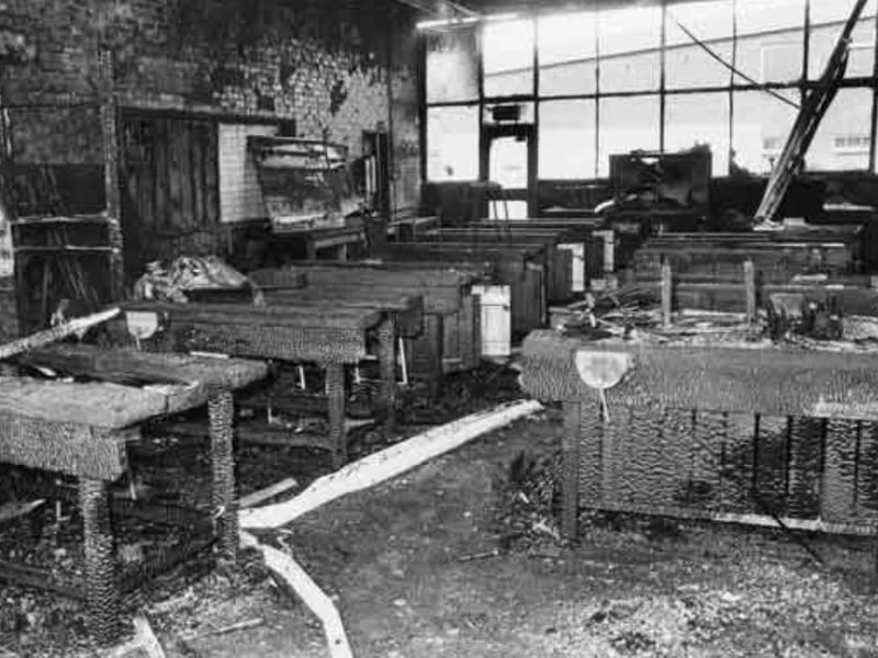 The aftermath of a fire at Colley School, on Remington Avenue, in Parson Cross, Sheffield, on August 15, 1984