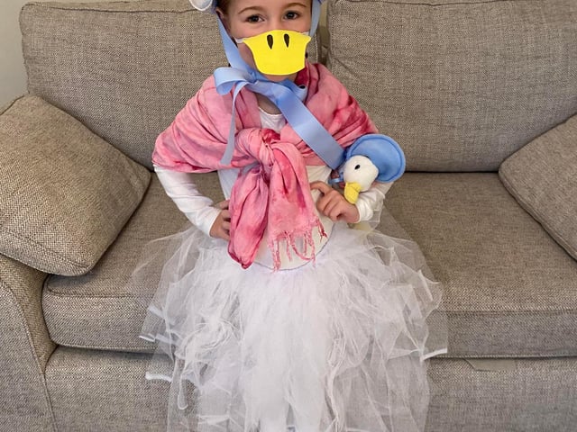 Beatrice Baker Aged 4 from Copnor dressed as Jemima puddleduck to go to College Park Infant School on World Book Day
