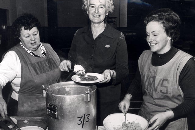 Chesterfield WRVS ladies busy in the local barracks serving meals to the Army and Air Force firefighters during the firemens strike. December 1977