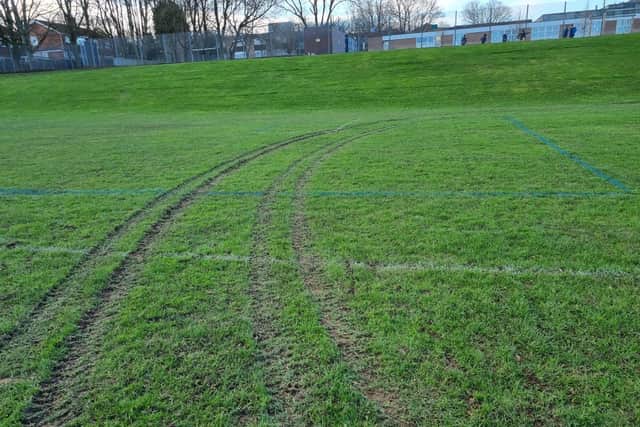 A football pitch in Halfway, Sheffield, has been damaged by a suspected off-road vehicle