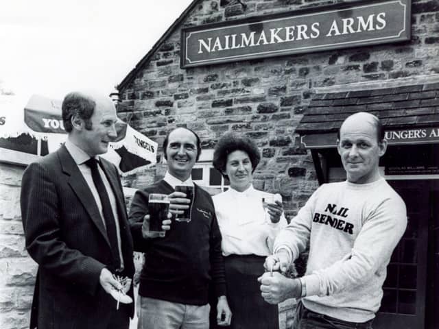 Pictured at the reopening ceremony of the Nailmakers Arms pub at Norton are champion nail bender Ben Read (right) demonstrating the art to William Younger's Inns Director John Campbell (left) and licensees Duggie and Pat Williams, August 9, 1984
