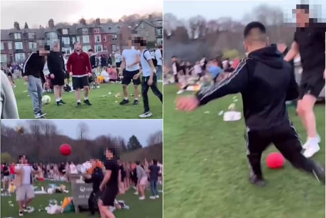 A video shared online showed teenagers smashing footballs into the air in Endcliffe Park as crowds gathered yesterday (Images: Mo1_p4 Instagram)