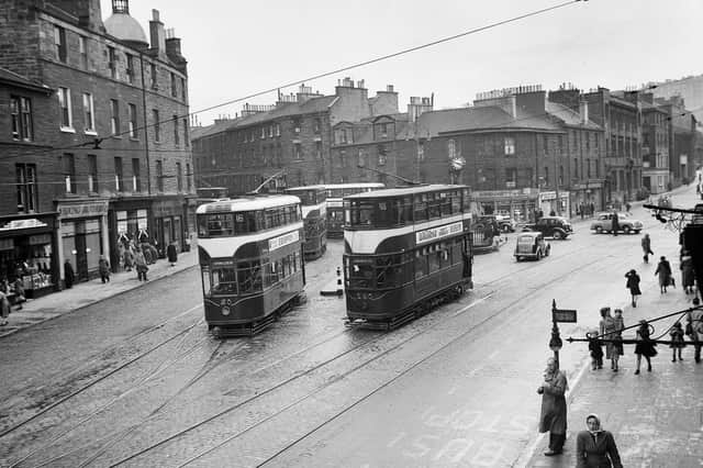 Trams at the Tramway junction at Tollcross in Edinburgh, around 1952.