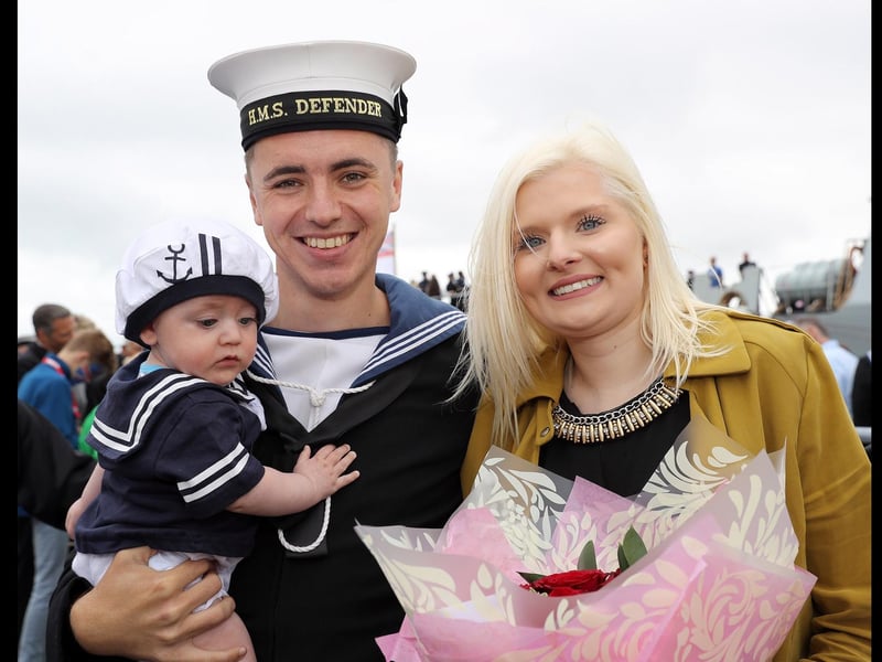HMS Defender returns home. 
ET(WE) Rowan Chappell reunited with Nephew Rhys Chappell and Girlfriend Keri Allen. The Portsmouth-based warship HMS Defender returned home today 8th July 2016 from a nine month deployment to the middle east carrying out security operations.

The Band of Her Majesty’s Royal Marines Portsmouth performed on the jetty as the crowds eagerly awaited the return of sailors on board.

Hundreds of proud family and friends waved and cheered as the ship came alongside, clearly delighted to welcome their loved ones home. Image: LPhot Kyle Heller
