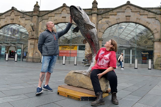 A seven-foot sculpture of a salmon was installed outside Sheffield station in September as part of Sheffield University's Festival of the Mind. It celebrated the return of salmon to the River Don - artist Jason Heppenstall and Dr Deborah Dawson, of the university, are pictured..
