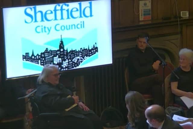 Eileen Turner talking about the Travel Buddy Service at in the Sheffield Council chamber during the full council meeting at the Town Hall.