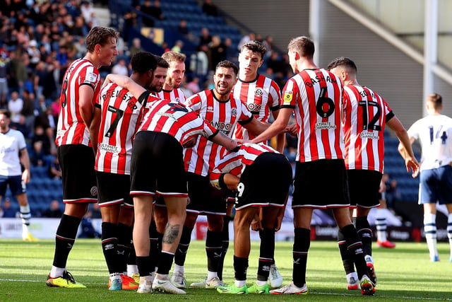 George Baldock of Sheffield Utd convenes a meeting after the first goal  during the Sky Bet Championship match at Deepdale