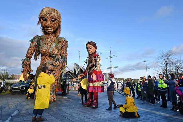 Storm, who is a ten-metre tall "goddess of the sea" and made entirely of recycled materials, met Little Amal - a three-and-a-half metre tall Syrian refugee puppet. The two puppets met near the old Govan Graving Docks at 1.30pm and walked through Govan, greeting children from local Govan primary schools.