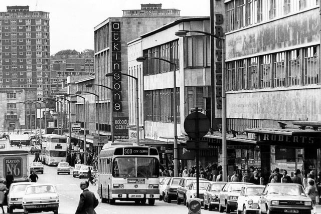 A view of The Moor in 1976, with Atkinsons and Robert Brothers department stores on the right