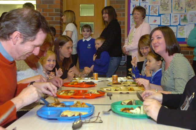 Parents of pupils of Castletown Primary School tried school meals in 2010. And look at the reaction as they tucked into potatoes, a range of veg and chocolate cake - among many more choices.