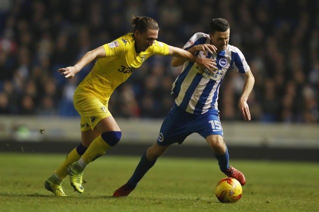 Danny Murphy of Brighton & Hove Albion battles with Luke Ayling of Leeds United during the Sky Bet Championship match at the Amex Stadium on December 9, 2016.