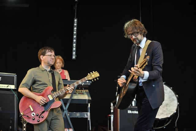 Mark Webber, Candida Doyle and Jarvis Cocker of Pulp, performing as secret guests on the Park stage at the Glastonbury Music Festival on Saturday June 25, 2011