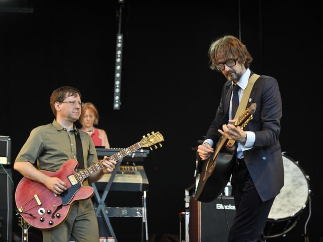 Mark Webber, Candida Doyle and Jarvis Cocker of Pulp, performing as secret guests on the Park stage at the Glastonbury Music Festival on Saturday June 25, 2011