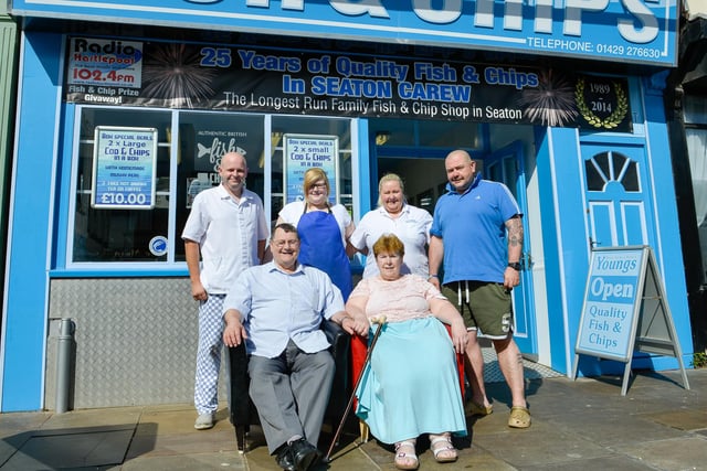 Another Seaton Carew staple, family-run Young's celebrated 25 years in business in 2014. Pictured, standing from left, are Les Hodgman, Laura Young, Catharina Hodgman and Nik Young, while seated are David Young and Elizabeth Young.