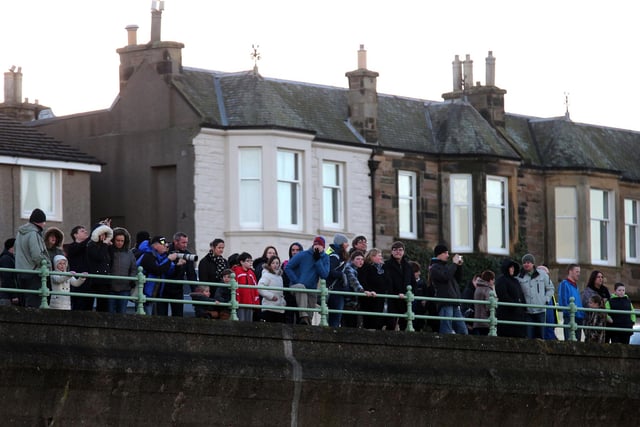 Onlookers at Portobello beach in Edinburgh where a sperm whale washed up this morning..