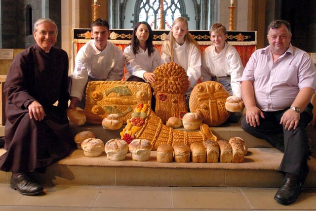 Castle College  catering  students John Gater, Aziza Huseni-Said, yla Whittlestone and Toni Stones pictured with the bread they made for the Sheffield Cathedral Harvest Festival service in 2006