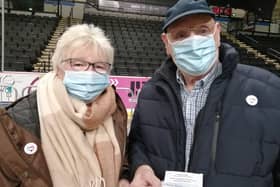 Thelma and David Senior afte being vaccinated at Sheffield Arena.