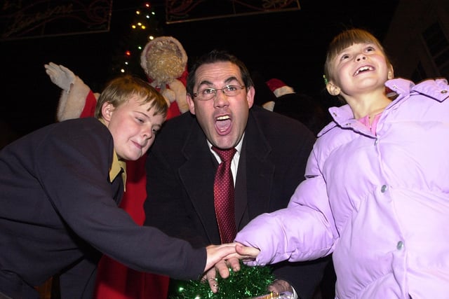Elected Mayor of Doncaster Martin Winter and his two helpers switched on the Christmas lights  in 2002