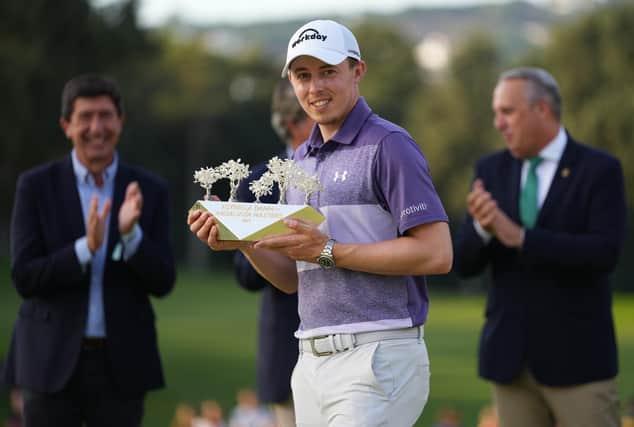 Matthew Fitzpatrick of England poses with the trophy after winning The Estrella Damm N.A. Andalucia Masters at Real Club Valderrama on October 17, 2021 in Cadiz, Spain. (Photo by Angel Martinez/Getty Images)