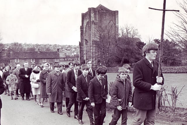 800 year anniversary commemoration service of the founding of Beauchief Abbey - The Cross leads the procession of followers from the Abbey en route to Beauchief Hall for Charter Ceremony in April 1970