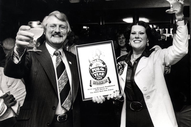 Peter and Maureen Stephenson, in a  festive mood after receiving  their many prizes in Chesterfield Pub of the Year Competition, for their pub The White Hart, at Calow.
Pictured on 30th May 1977
