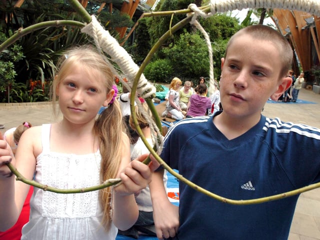 Bethany Cotton and Nathaniel King from Pipworth School making withie markers  at the Forest School in the Winter Garden in 2007