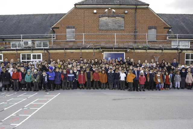 A big school photo of Byron Wood School in May 2020, just two months before it closed. It's not clear from our archive if this is a full school photo, but it must have been a touching moment for many.