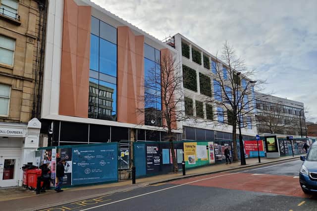 This picture shows the new frontage on the building on the site of what was once the Gaumont, Barkers Pool, viewed from the direction of Fargate. Photo: David Kessen, National World