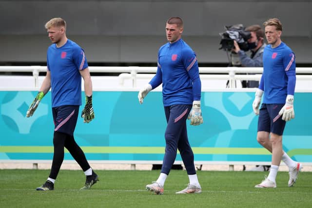 England goalkeepers Aaron Ramsdale (left), Sam Johnstone and Jordan Pickford (right) during the training session at St George's Park, Burton upon Trent. Picture date: Thursday June 17, 2021. PA Photo. See PA story SOCCER England. Photo credit should read: Nick Potts/PA Wire.