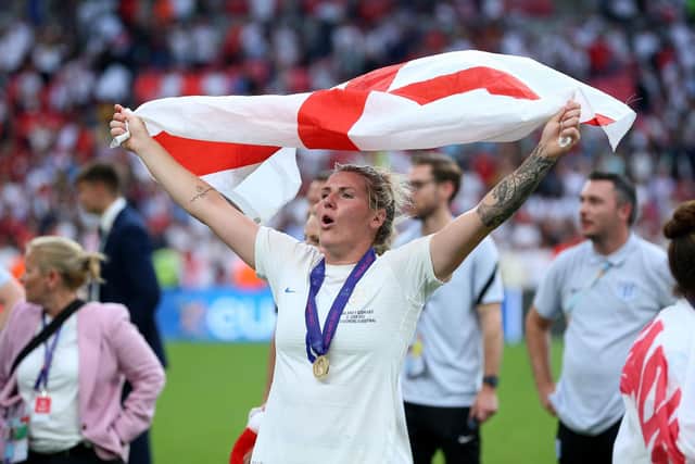 England's Millie Bright celebrateS after England win the UEFA Women's Euro 2022 final at Wembley Stadium, London. Picture date: Sunday July 31, 2022. PA Photo. See PA story SOCCER Euro 2022. Photo credit should read: Nigel French/PA Wire.