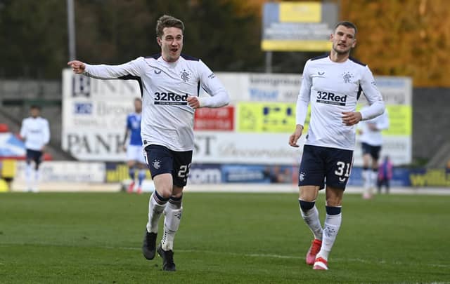 Scott Wright celebrates after scoring to make it 1-0 Rangers during a Scottish Premiership match between St Johnstone and Rangers at McDiarmid Park, on April 21, 2021, in Perth, Scotland. (Photo by Rob Casey / SNS Group)